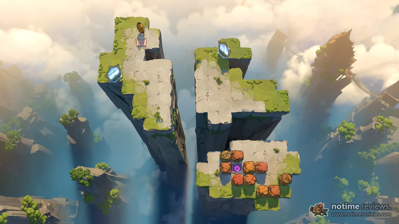 Order of the Sinking Star: two grassy stone pillars rising out of the clouds, with a hero and crates on the right one