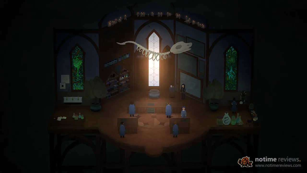 Songs of Glimmerwick: students in blue robes in a candlelit potions classroom under a hanging serpent skeleton