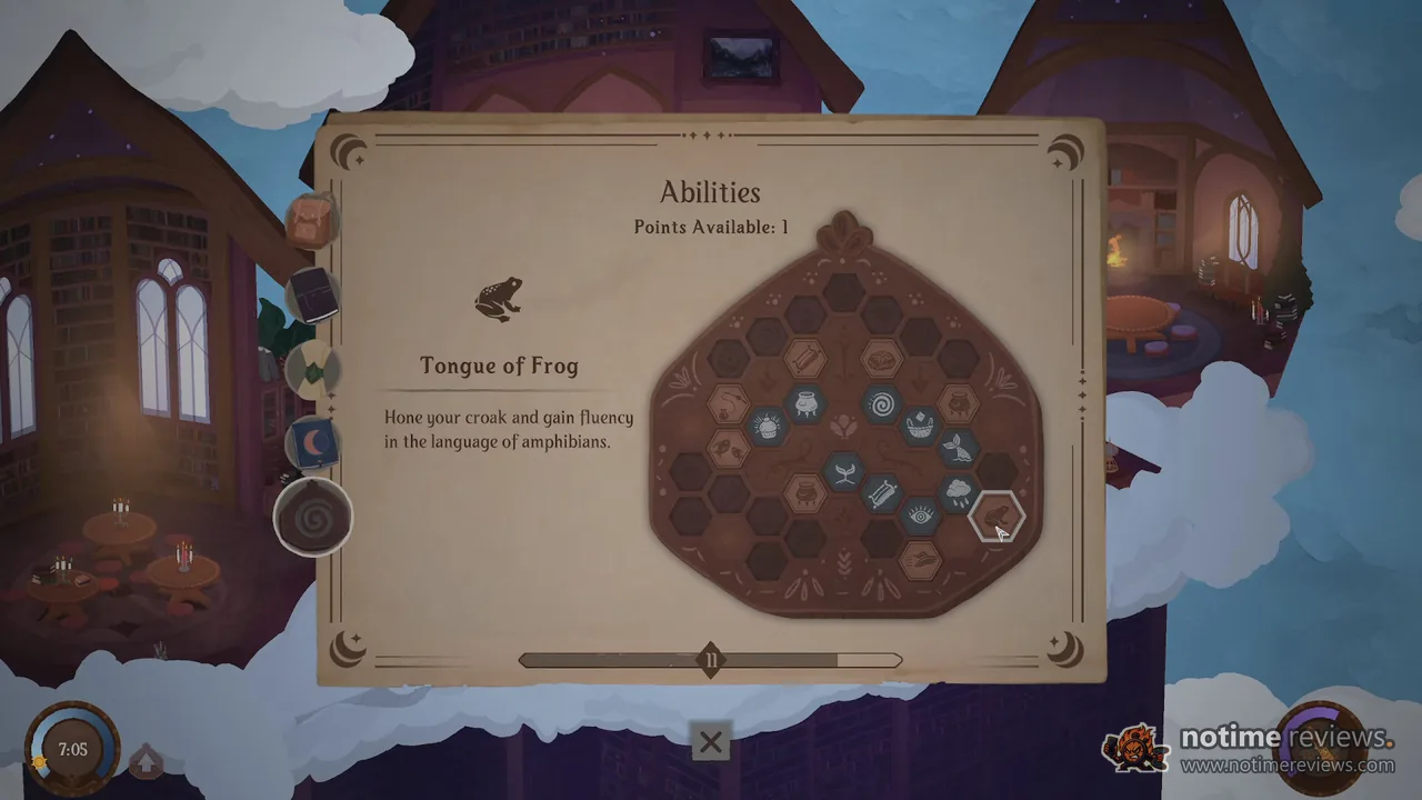 Songs of Glimmerwick: the Abilities skill tree with Tongue of Frog selected