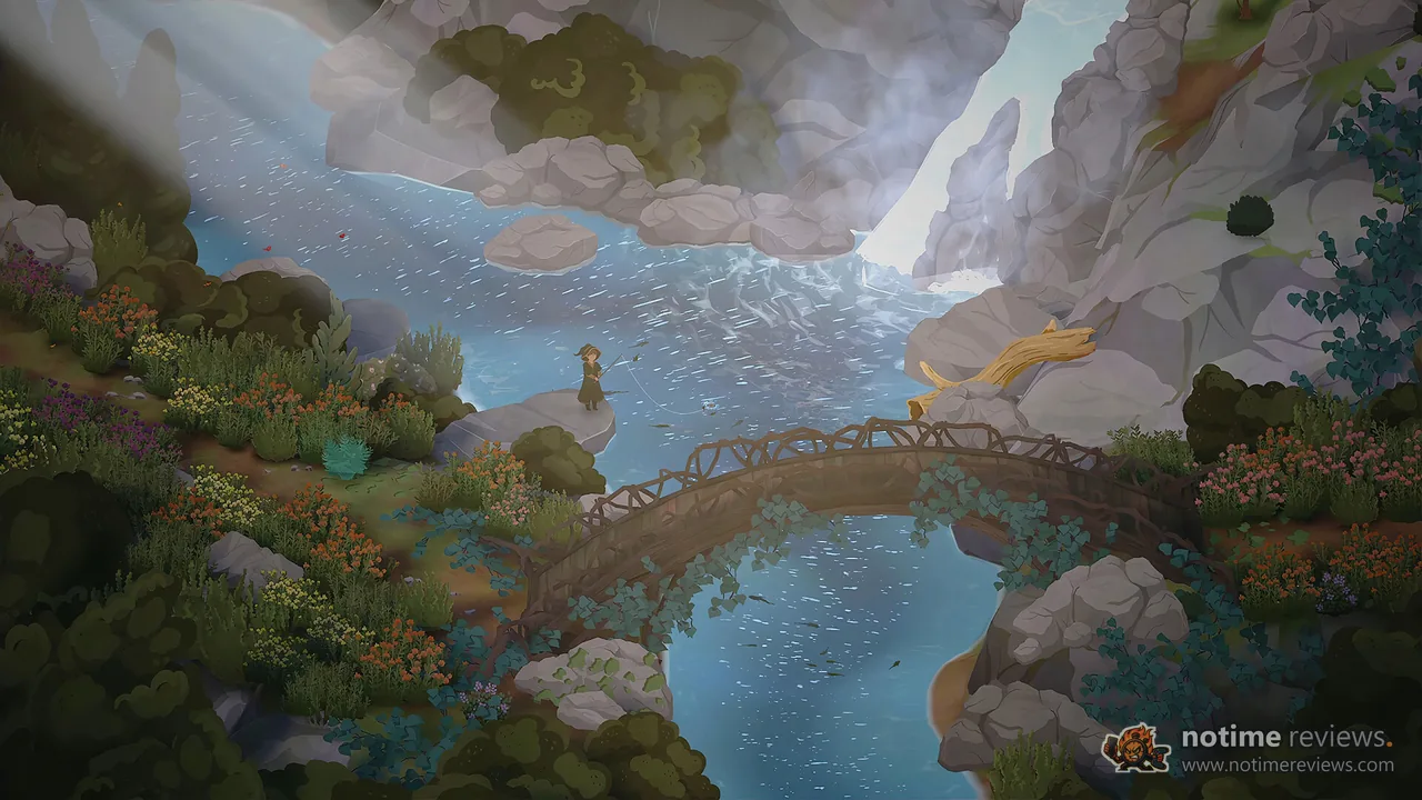 Songs of Glimmerwick: a wooden bridge over a river below a misty waterfall