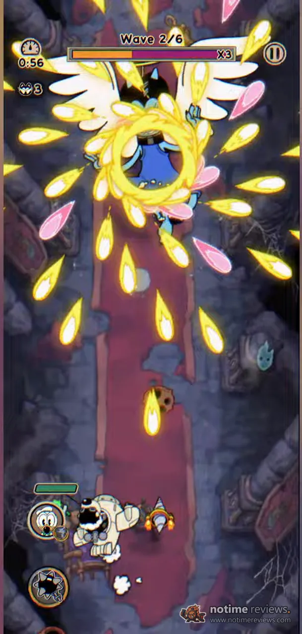 AceCraft: Sky Hero: a winged angel boss fires a ring of yellow and pink bullets down a red carpet hallway toward the player's plane