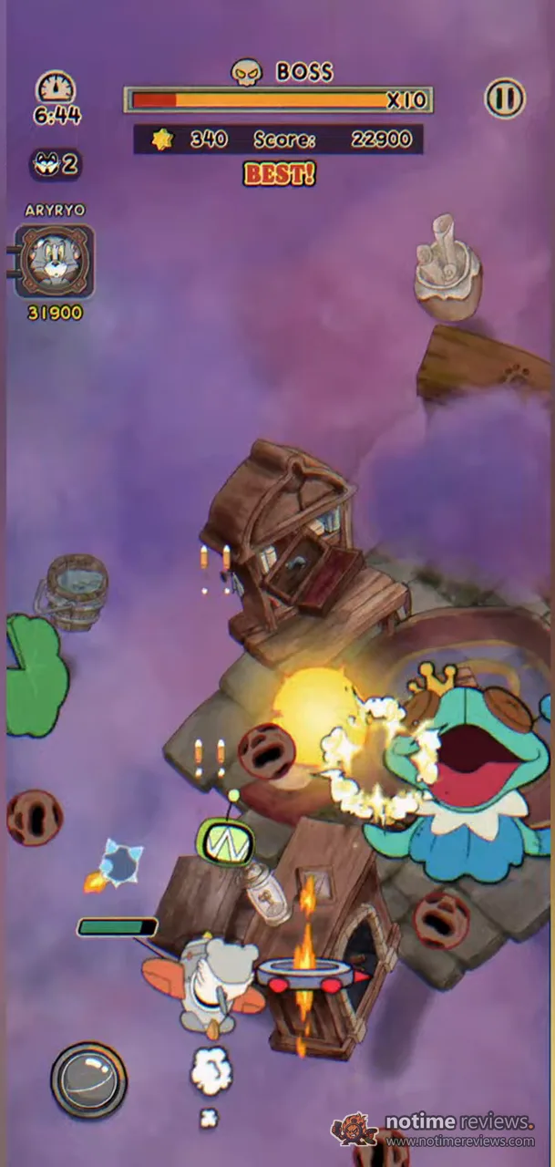 AceCraft: Sky Hero: a boss fight against a monster perched on a wooden house, with the score counter and BOSS label at the top