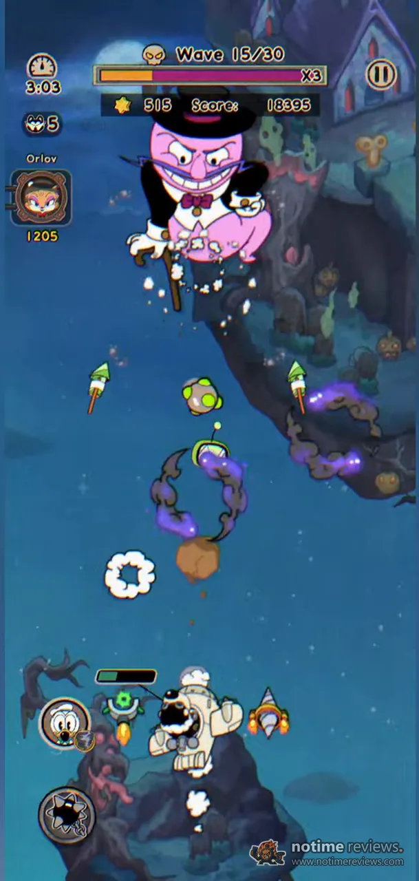 AceCraft: Sky Hero: a pink pig in a tuxedo hovers over a night sky stage on wave 15 of 30, purple bullet rings drifting toward the plane