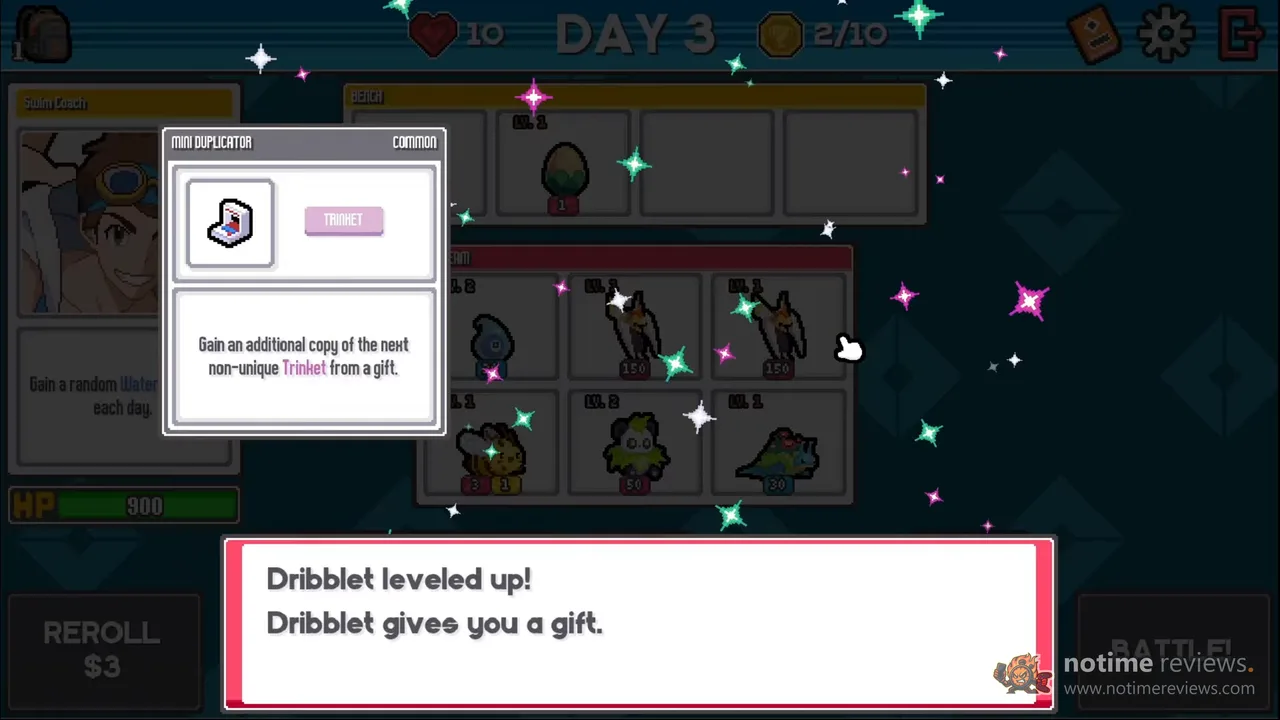 Batomon Showdown: the Day 3 shop screen with the bench, the six-slot team and a Mini Duplicator trinket gift