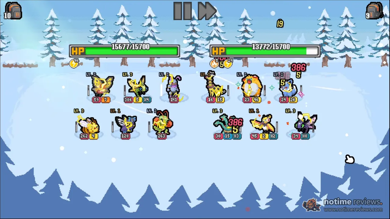 Batomon Showdown: two full teams of electric Batomon trading shock damage in a snowy forest battle