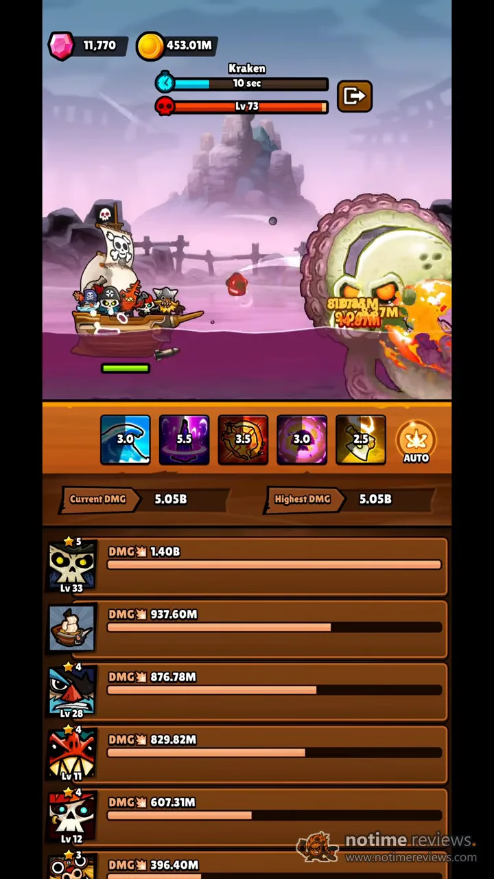 Bounty Bash: the pirate ship firing at a level 73 Kraken boss, with the crew's damage meters listed below the sea