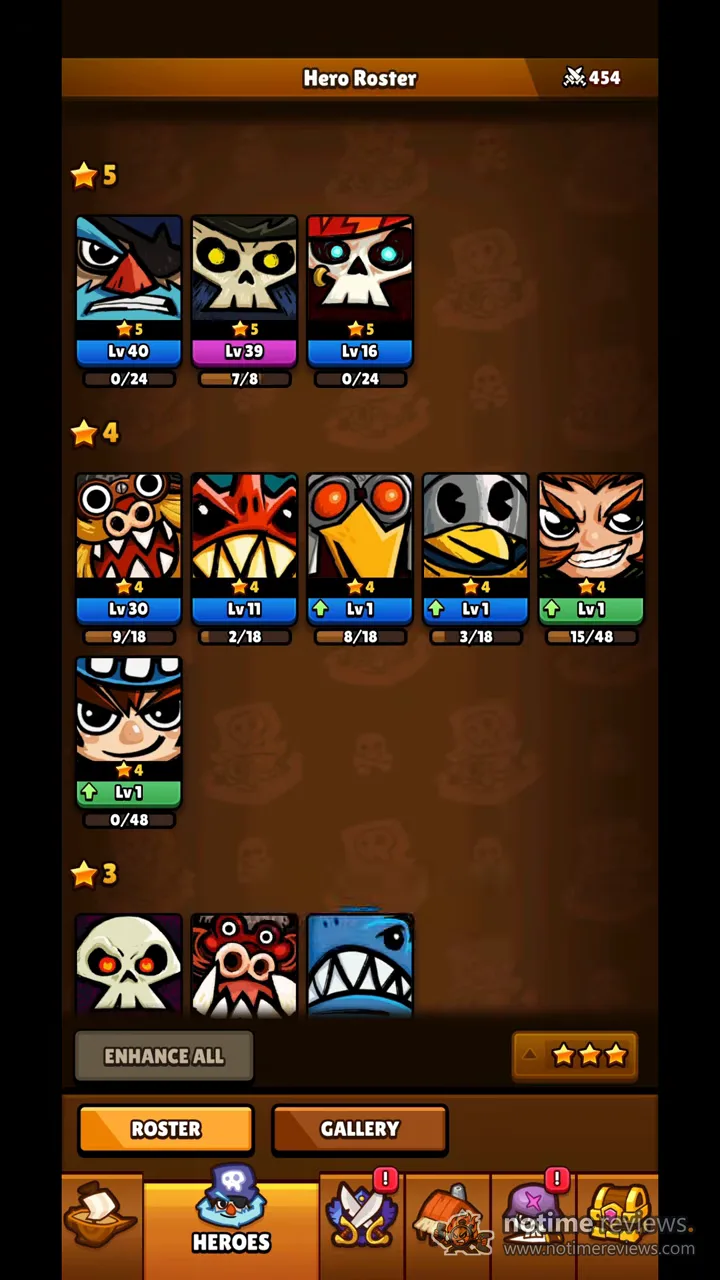 Bounty Bash: the Hero Roster screen sorted by star rank, showing 5-star, 4-star and 3-star pirate portraits with their levels