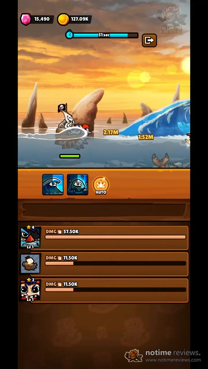 Bounty Bash: a lone pirate boat fighting a giant wave and crabs at sunset, damage numbers floating over the water