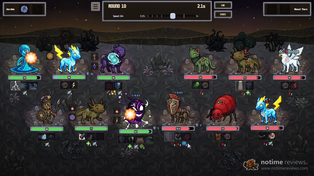 Deck Beasts: round 10 of an auto-battle, two teams of six pixel-art beasts trading fireballs and lightning, with status icons under every health bar