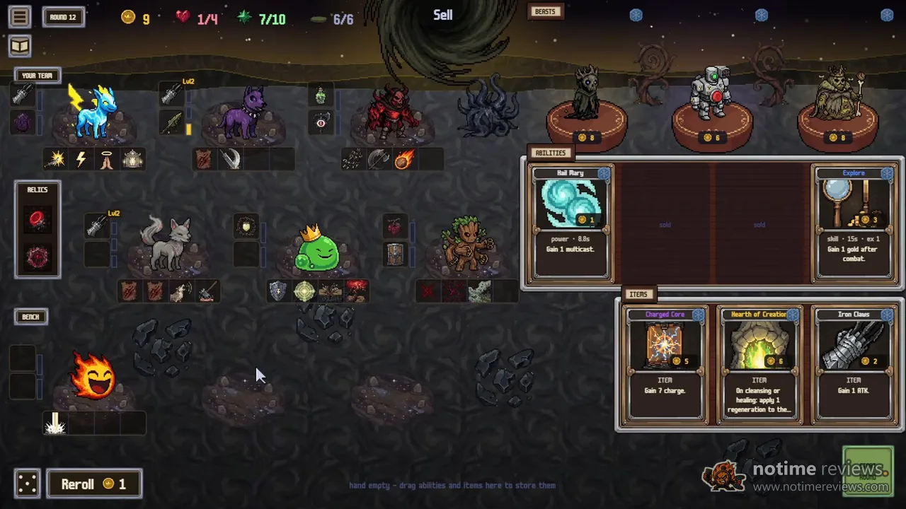 Deck Beasts: the shop between rounds, with 9 gold, three beasts for sale, ability and item cards on offer and a 1-gold reroll button