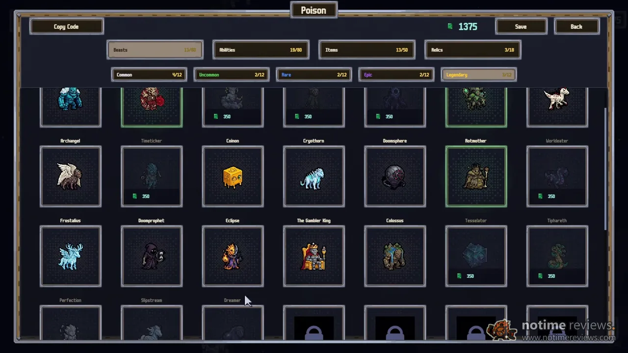 Deck Beasts: the deck editor for a custom Poison deck, showing the legendary beast tier with Rotmother selected and several cards still locked