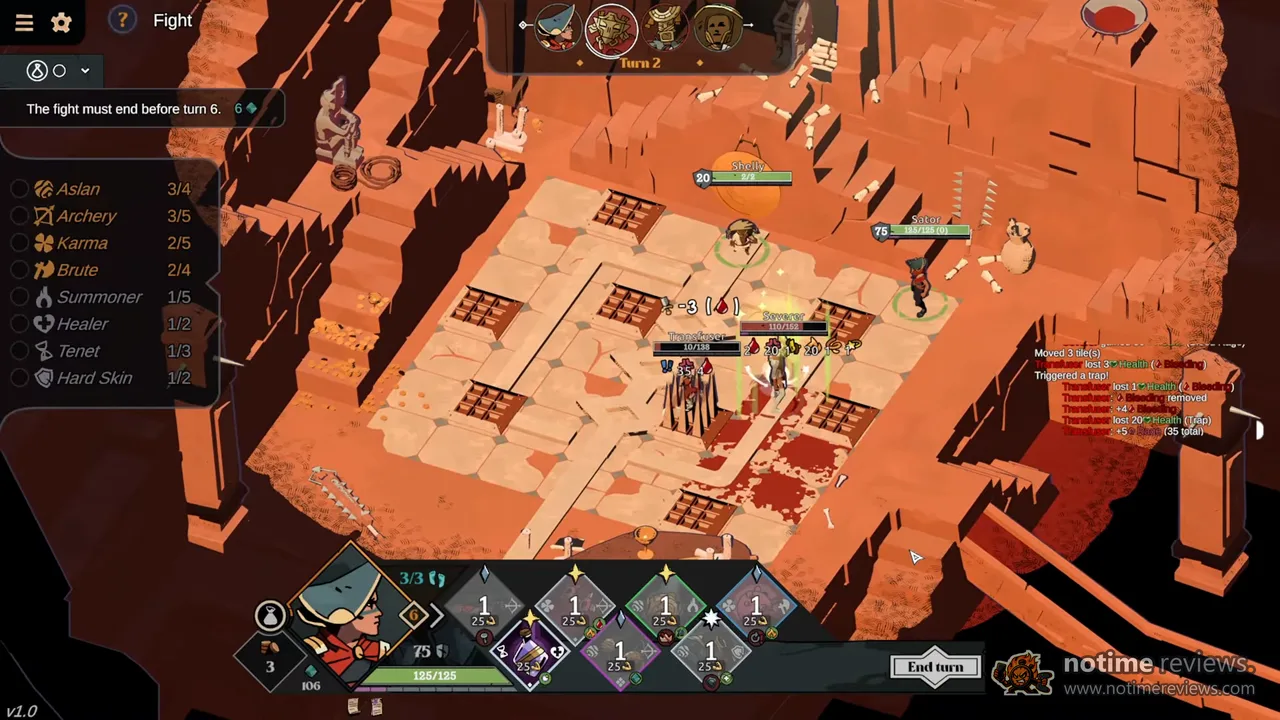 Deified: turn 2 of a fight in a sandy arena, Sator facing three monsters while one bleeds on a spike trap, with the set bonus list on the left