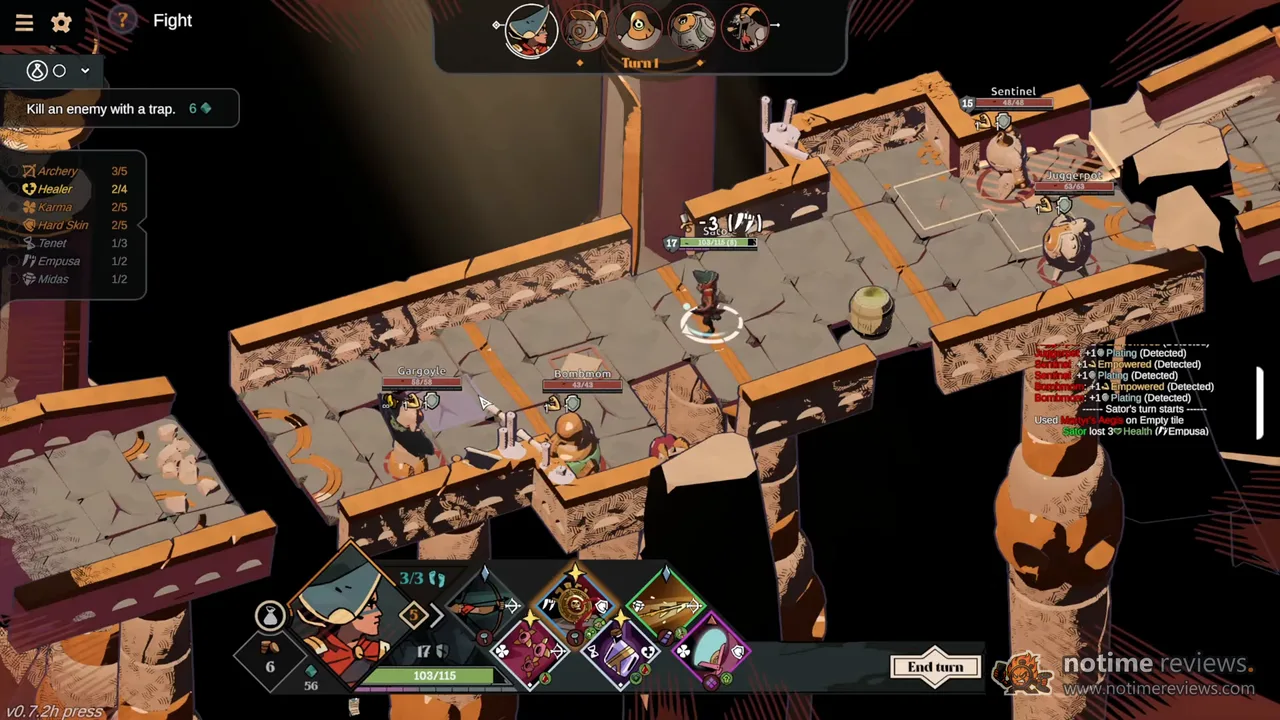 Deified: Sator on a stone bridge on turn 1 with a Gargoyle and Bombmom below and a Sentinel ahead, relic slots along the bottom of the screen