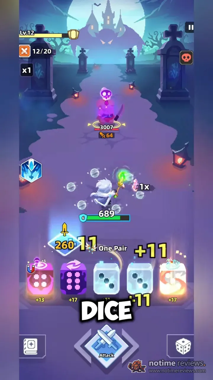 Dicero: Rolling One Pair against a graveyard mini-boss with a full dice row below