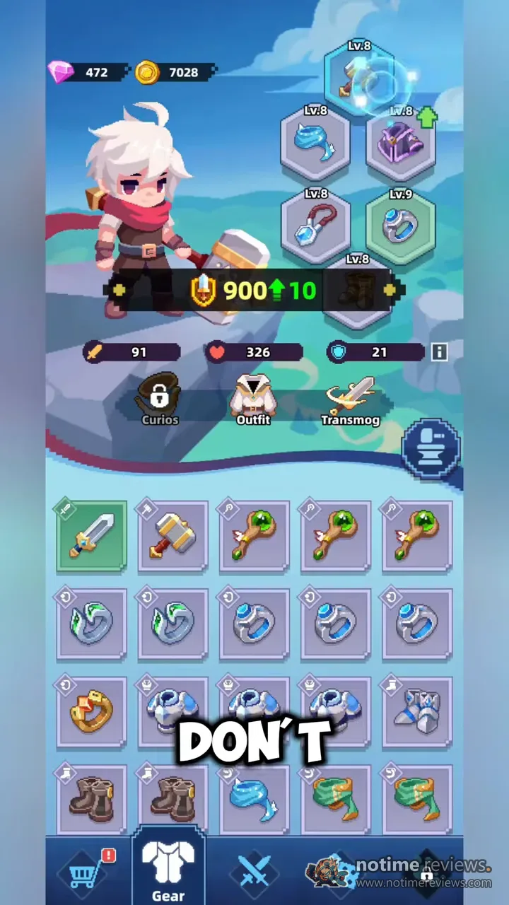 Dicero: The gear screen with equipment slots, stats, and a pixel-art hero
