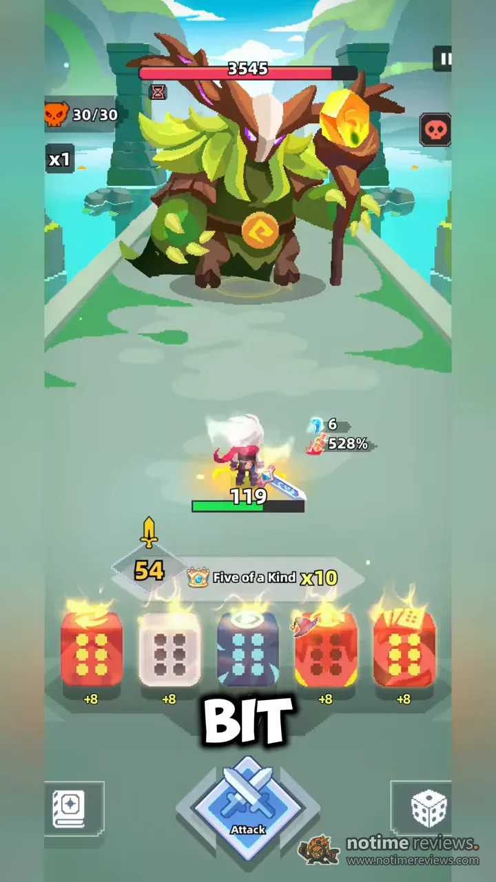 Dicero: Five of a Kind x10 roll against a forest guardian boss