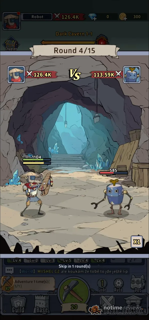 Dig-Dig Rush: round 4 of a Dark Cavern battle, the hero facing a robot enemy with Guild, Base, Dungeon and Sanctuary tabs below