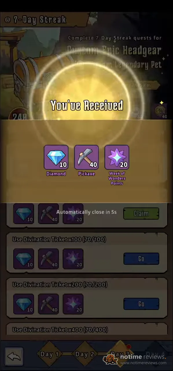 Dig-Dig Rush: a 7-Day Streak popup handing over diamonds, pickaxes and Week of Wonders points