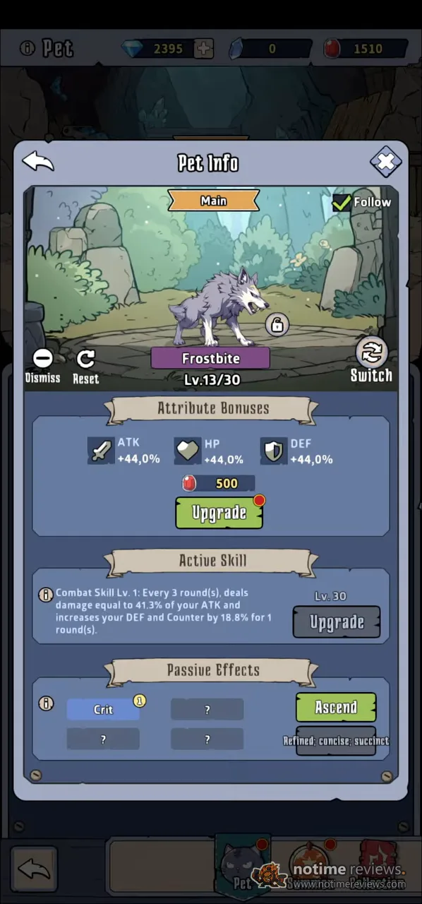 Dig-Dig Rush: the Pet Info screen for a level 13 wolf with attribute bonuses, an active skill and an Ascend button