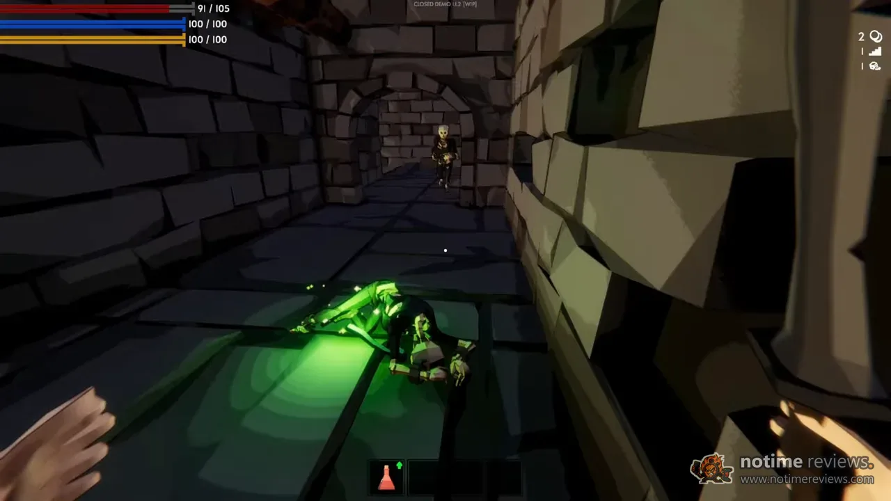 Fell & Sell: First-person dungeon corridor with a skeleton closing in