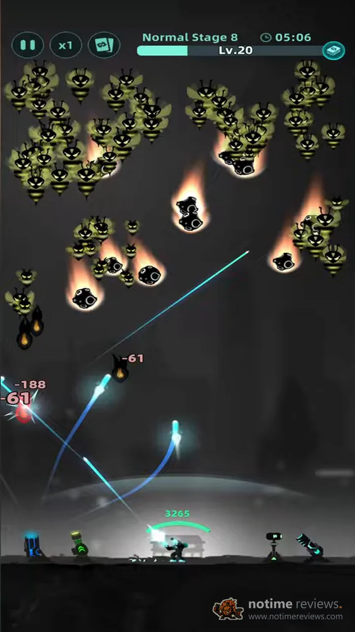Galaxy Defense: Fortress TD: A swarm of bee enemies and flaming meteors descending on a line of turrets and the guardian robot during Normal Stage 8