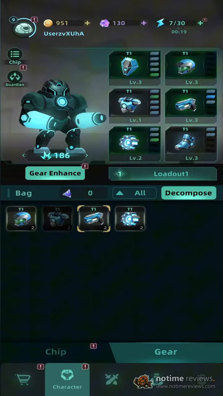Galaxy Defense: Fortress TD: The guardian gear screen with the robot, six equipped tier 1 armor and weapon pieces, and spare gear in the bag