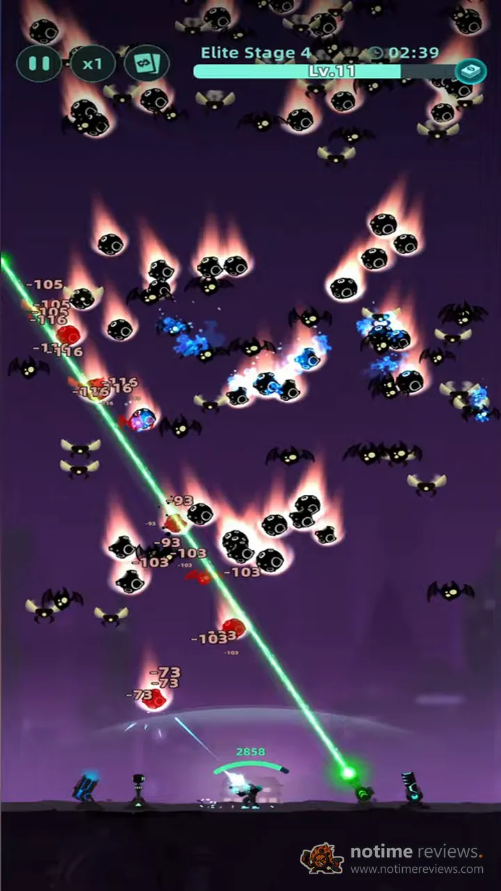 Galaxy Defense: Fortress TD: A green laser cutting diagonally through meteors and bat enemies on Elite Stage 4 while damage numbers pile up