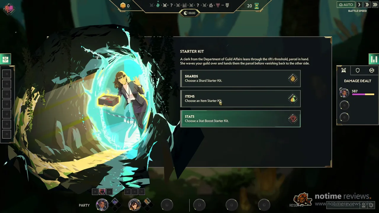 Guildrun: a clerk leans through a glowing rift to hand over a starter kit, with shards, items or stats to choose from
