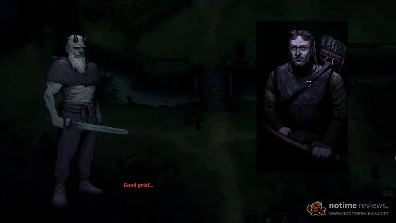 HellSlave II: a horned demon character talking with an armored villager in the hand-drawn dialogue view