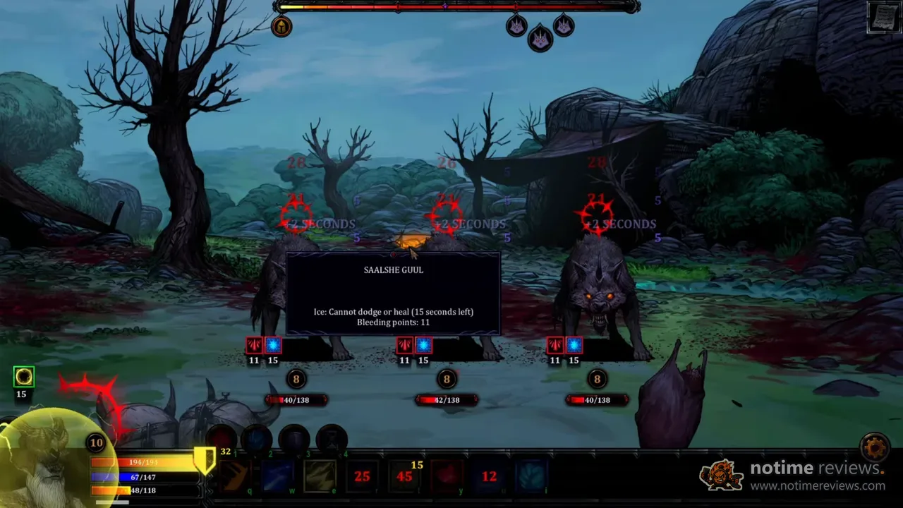 HellSlave II: fighting three hellhounds at once, with ice and bleed status effects ticking on each enemy