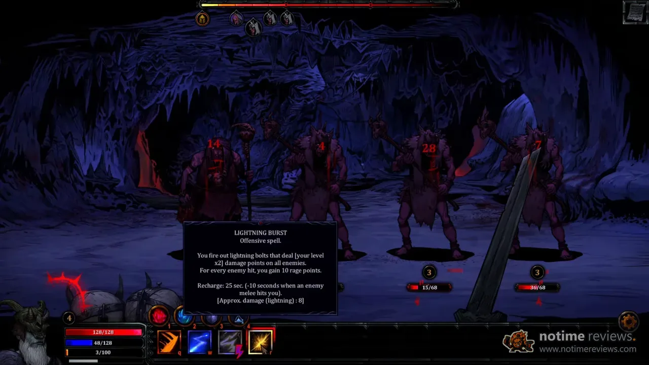 HellSlave II: a cave battle against four enemies with the Lightning Burst spell tooltip open