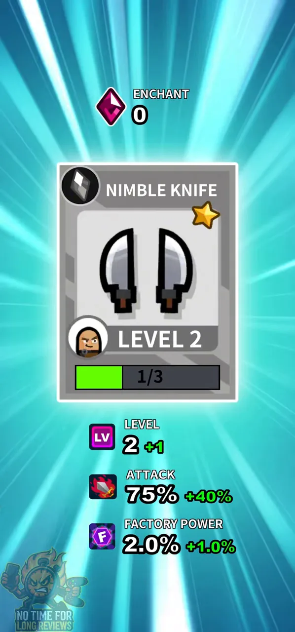 Hero Factory: A Nimble Knife upgrade card with attack and factory power bonuses
