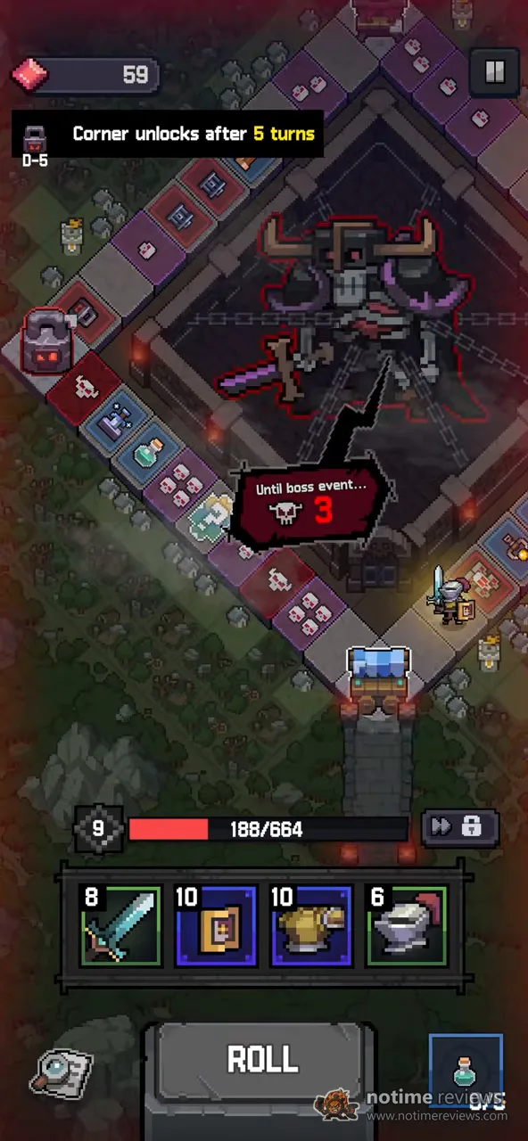 Heroll: the dice board with a horned boss in the centre, a ROLL button and four equipped gear slots