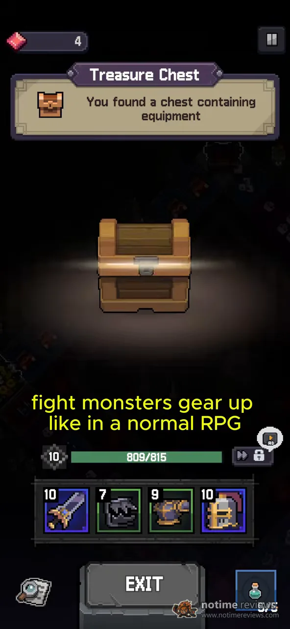 Heroll: a treasure chest opening with the message that it contains equipment