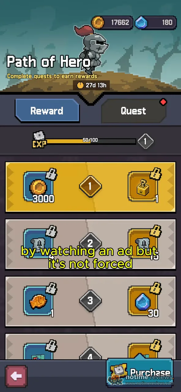 Heroll: the Path of Hero reward track with locked tiers and a Purchase button