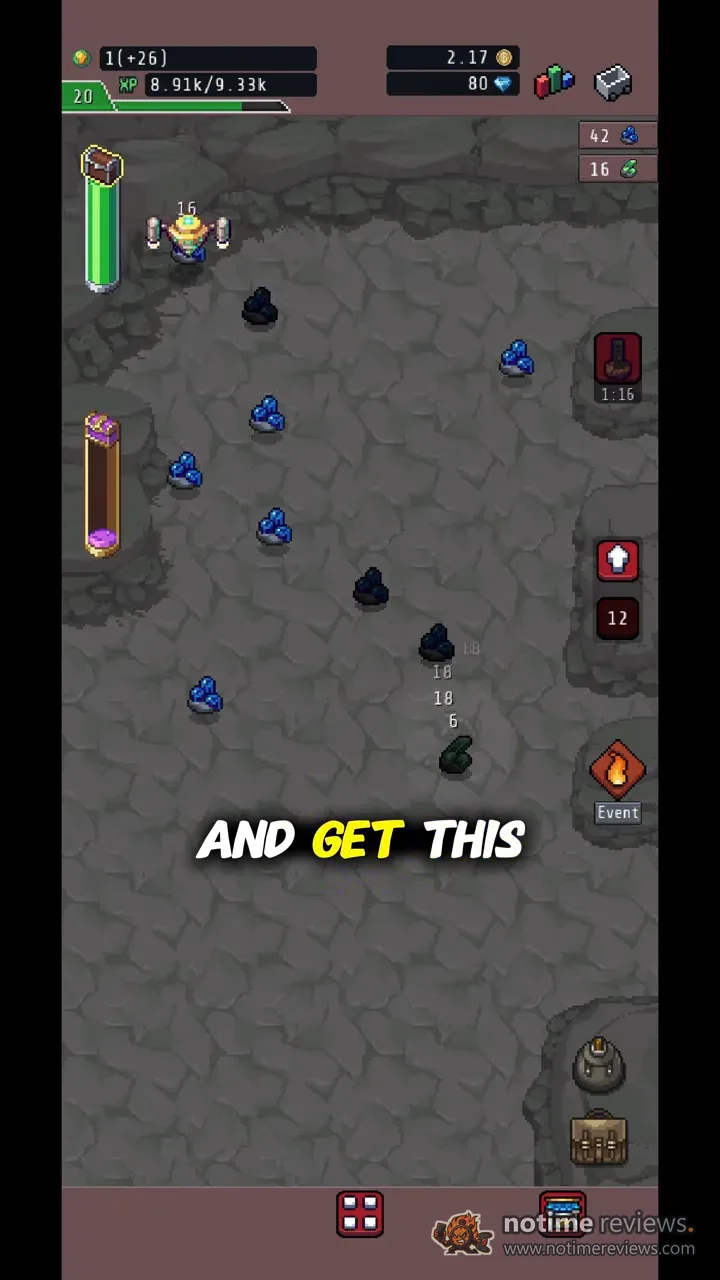 Idle Obelisk Miner: The mining drone working through a floor of stone and blue ore veins