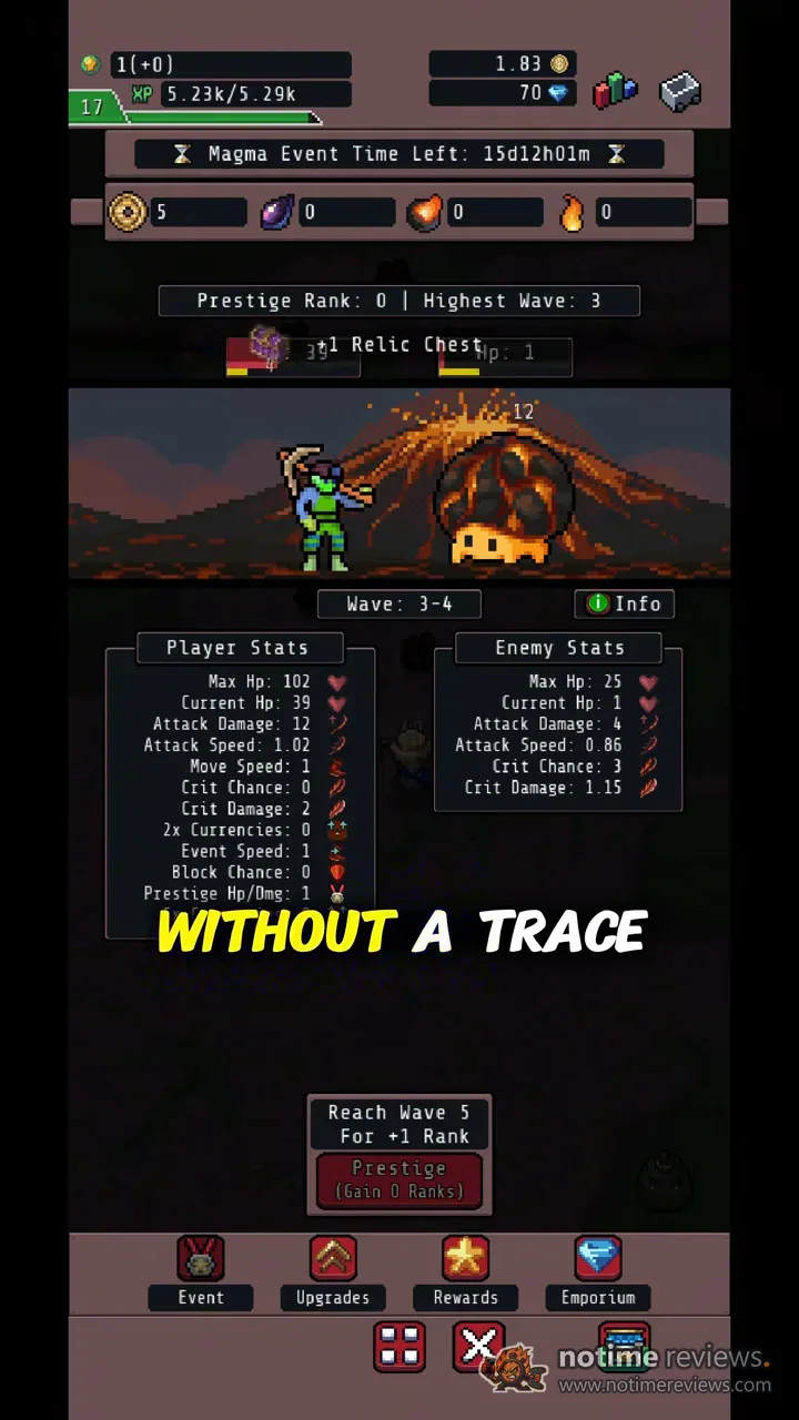 Idle Obelisk Miner: A magma event battle with player and enemy stats side by side