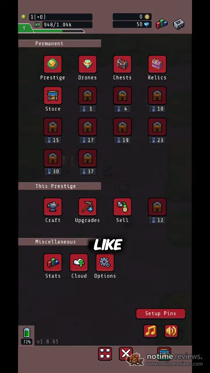Idle Obelisk Miner: The main menu with prestige, drones, chests, relics, and a wall of still locked features