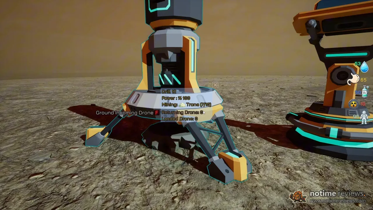 Industronaut: A mining drill working a Trona deposit on the desert surface, with drone stats open