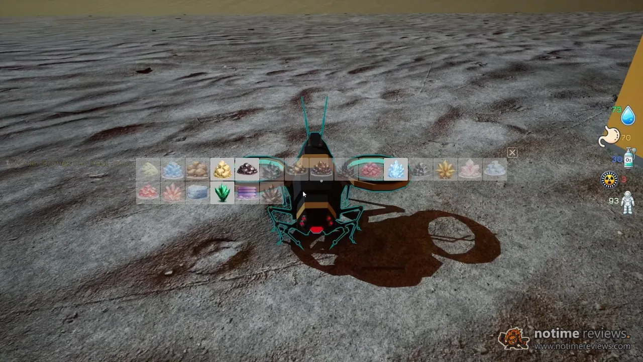 Industronaut: A cargo drone hovering over the desert with a full load of collected resources