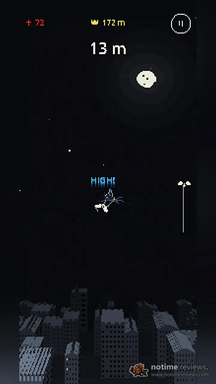 KITAUT: A stick figure mid-swing with a HIGH! tag at 13 m, ropes and lampposts above the night city