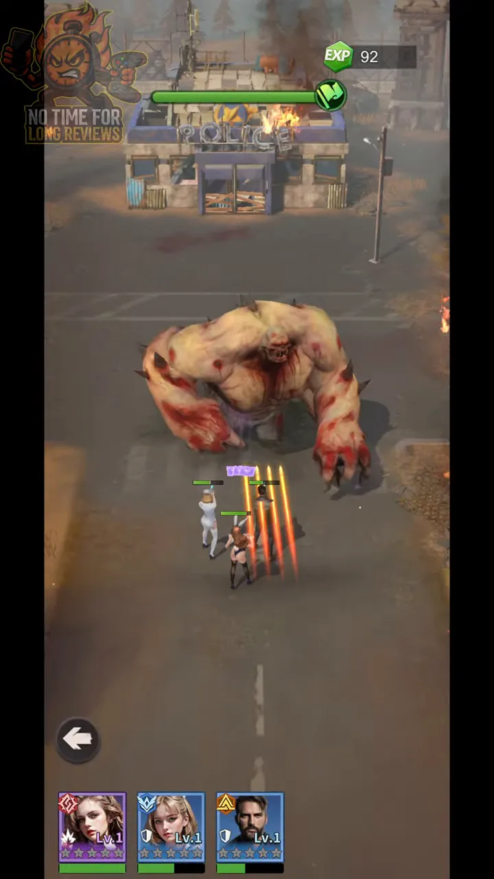 Last Z: A giant mutant boss walking toward the squad in front of the ruined police station