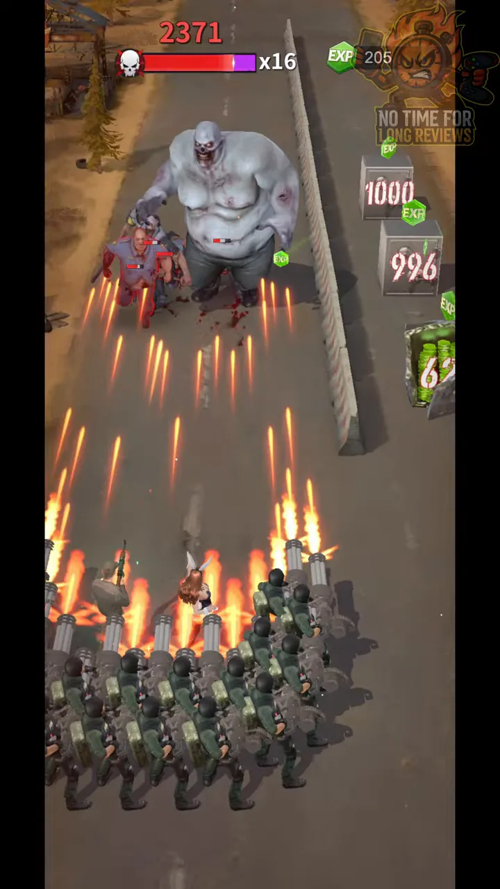 Last Z: The squad and flame turrets blasting the fat zombie boss while EXP crates pile up on the right