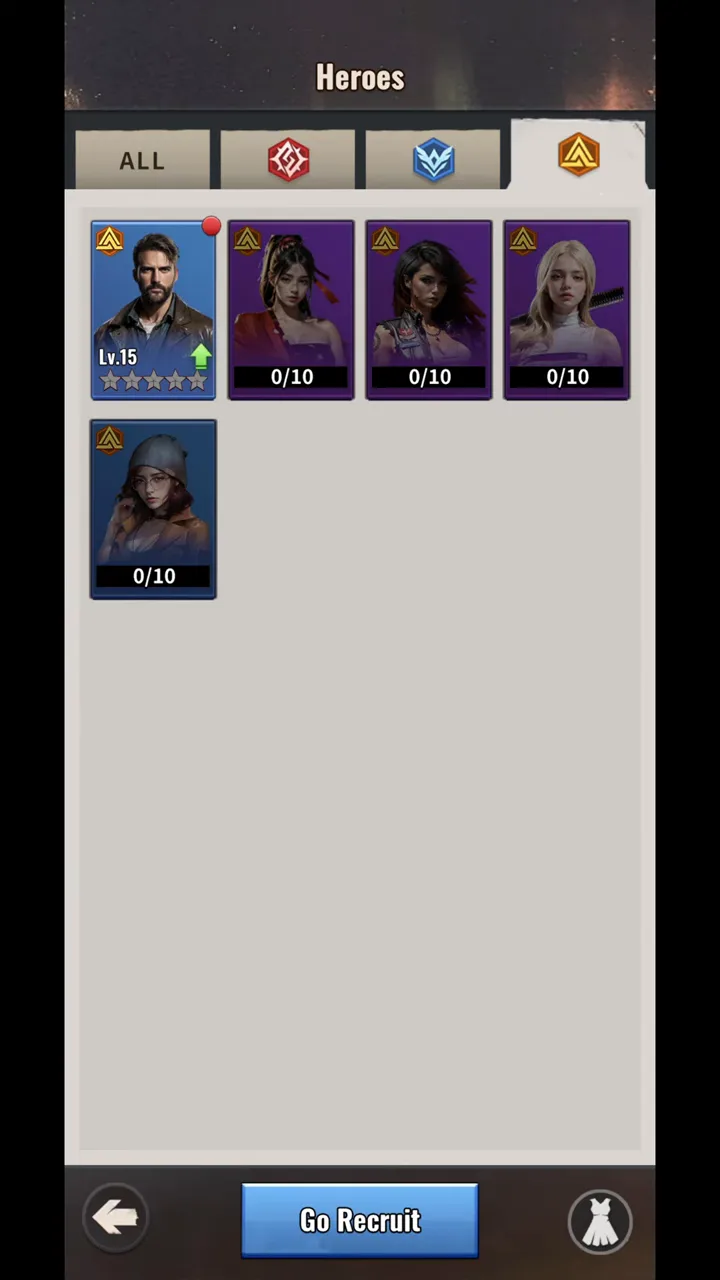 Last Z: The Heroes roster screen, one guy at level 15 next to a lineup of women survivors
