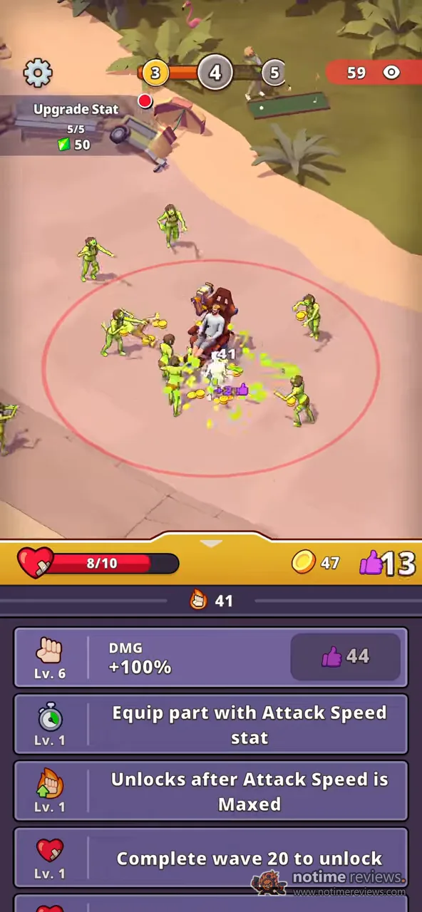 Lazy Apocalypse: zombies swarm the weaponized gaming chair on a beach map while the upgrade panel offers a damage boost