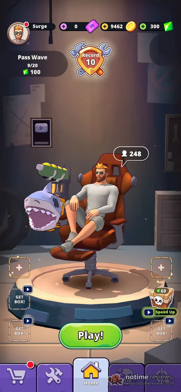 Lazy Apocalypse: the streamer sits in his gaming chair with a shark-shaped cannon mounted on the side and a viewer counter floating overhead