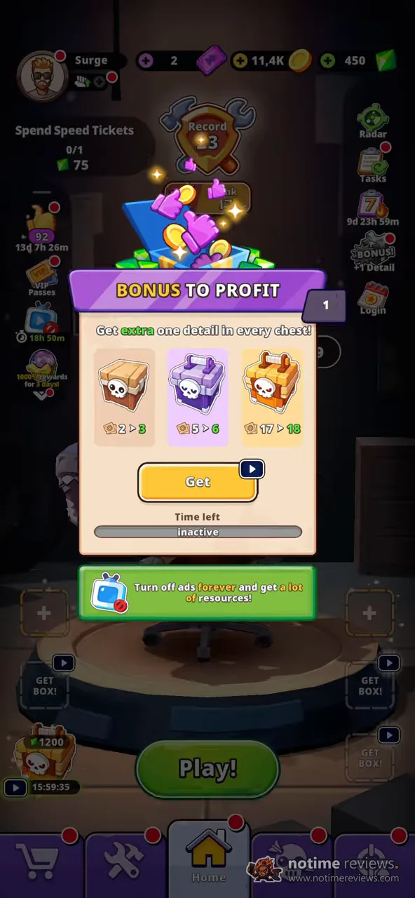 Lazy Apocalypse: a bonus chest popup sits above a green banner offering to turn off ads forever