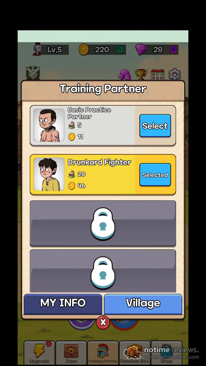 Legend of Gladiator: Training Partner menu with the Drunkard Fighter selected and two locked slots