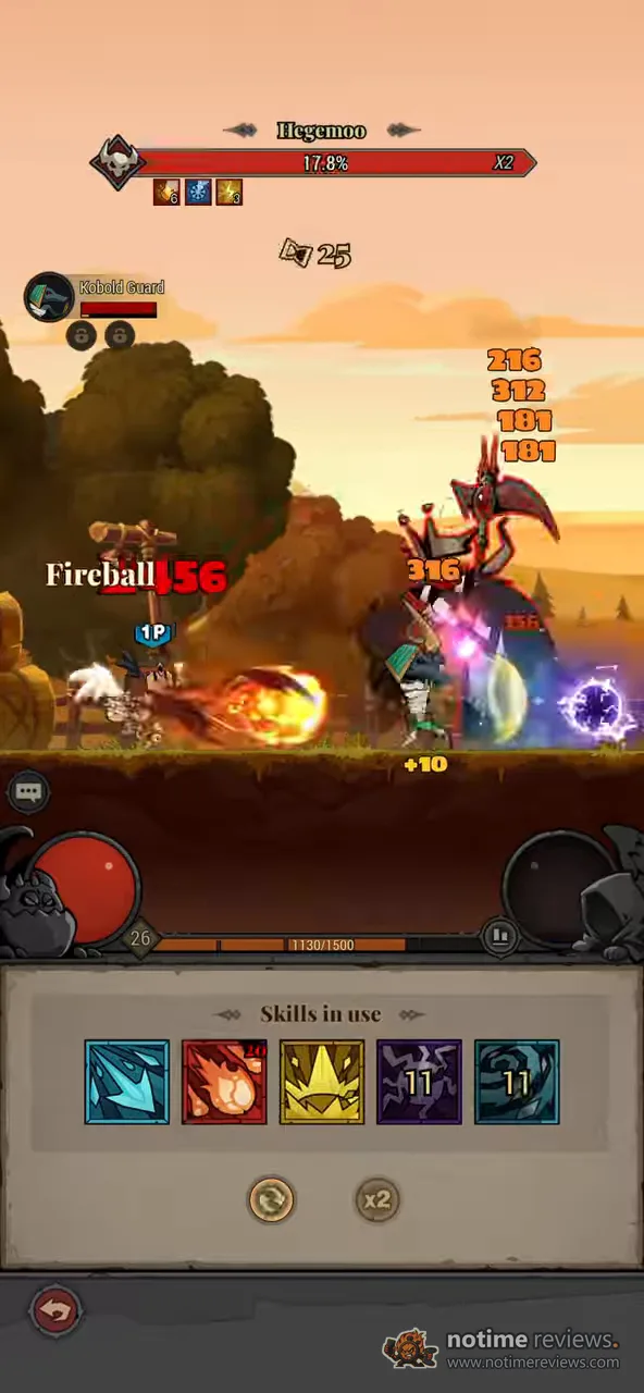 Lootborn Warriors: a fireball hitting the flying boss Hegemoo while damage numbers stack up and five skills sit in the bar below