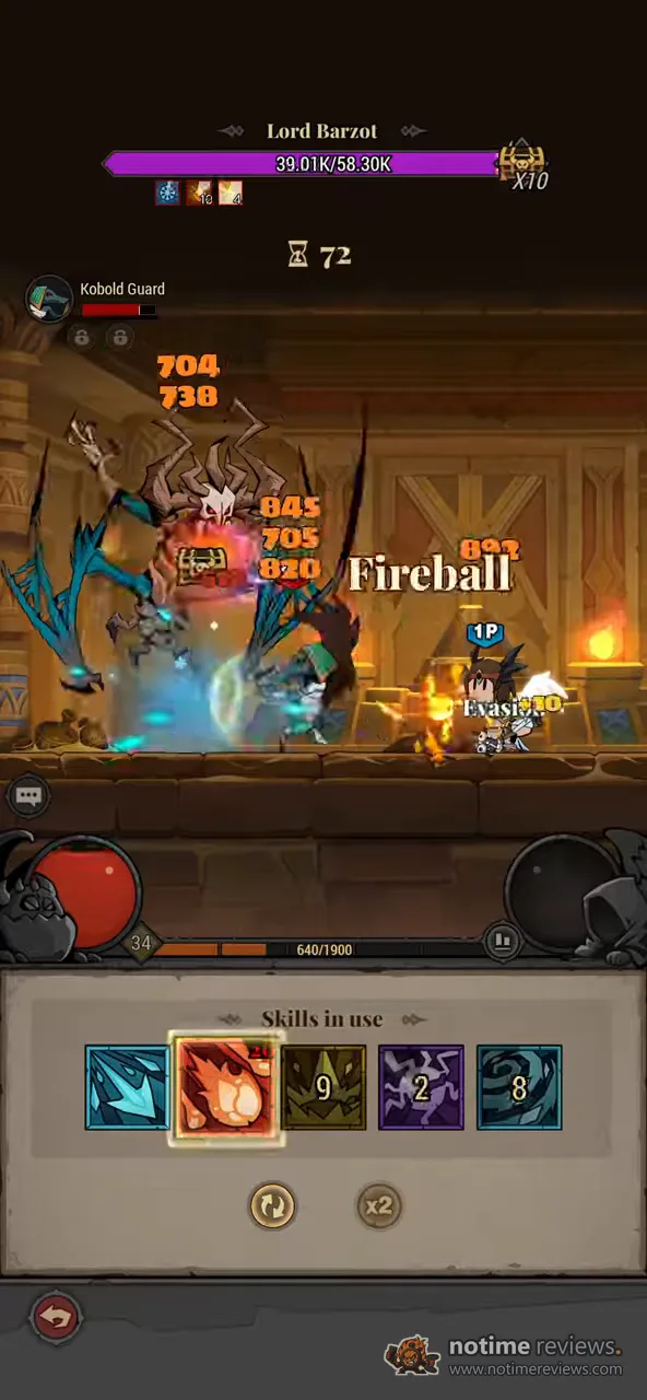 Lootborn Warriors: the Lord Barzot boss fight in a torchlit hall with a treasure chest multiplier of ten on the boss health bar